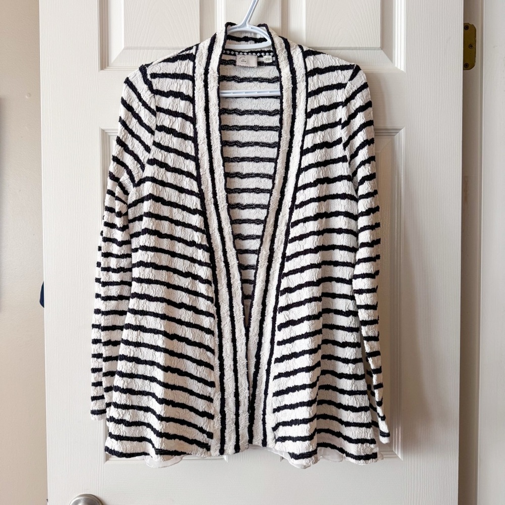 NWOT Anthropologie Postmark Plaited Pitch Black White Open Front Cardigan M